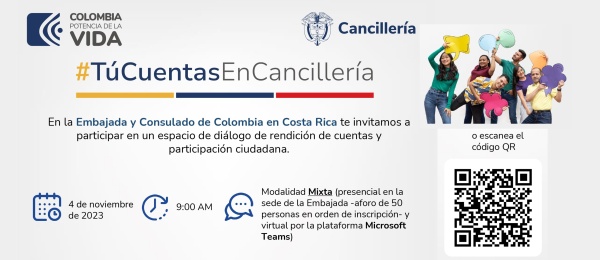 La Embajada y el Consulado de Colombia en Costa Rica invita a la Rendición de Cuentas el 4 de noviembre de 2023