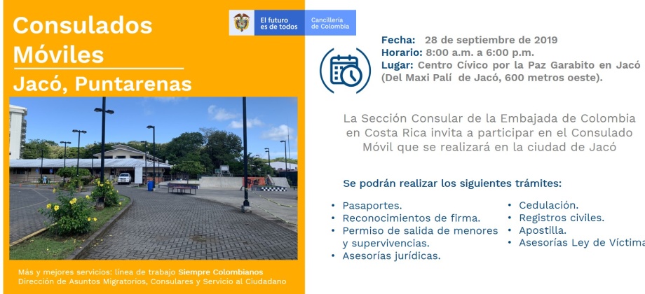 Consulado de Colombia en San José de Costa Rica realizará un Consulado Móvil Jacó (Puntarenas), el 28 de septiembre de 2019
