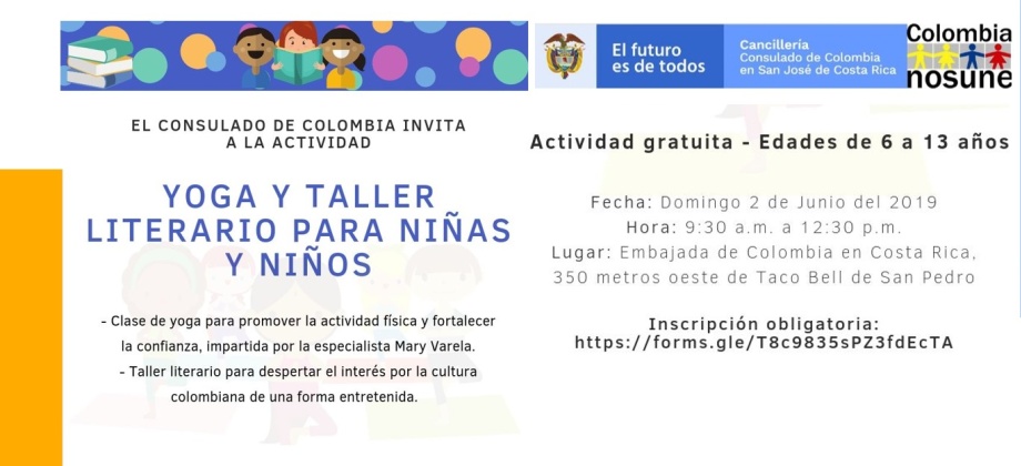 El Consulado de Colombia en San José de Costa Rica invita a la actividad ‘Yoga y taller literario para niñas y niños’ el 2 de junio de 2019