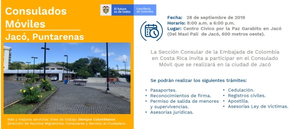 Consulado de Colombia en San José de Costa Rica realizará un Consulado Móvil Jacó (Puntarenas), el 28 de septiembre de 2019