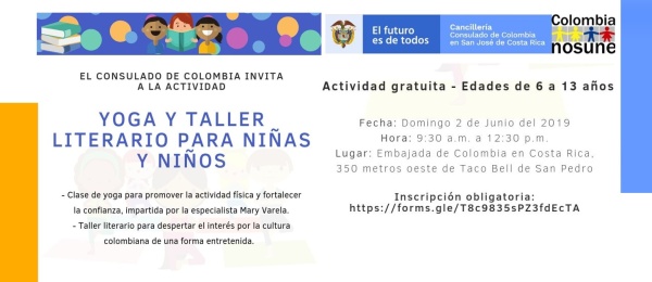 El Consulado de Colombia en San José de Costa Rica invita a la actividad ‘Yoga y taller literario para niñas y niños’ el 2 de junio de 2019